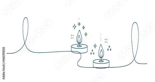 Two glowing candles flicker with magical sparkles on a delicate line illustration