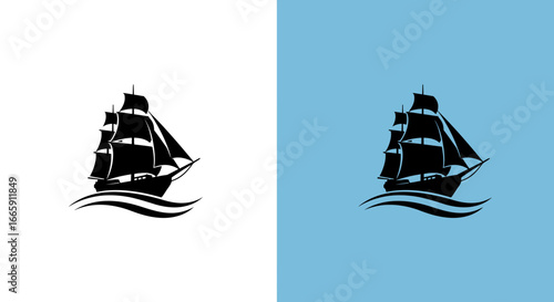 Sailing Ship on Water Silhouette with Contrasting Backgrounds in Black and White and Blue silhouette