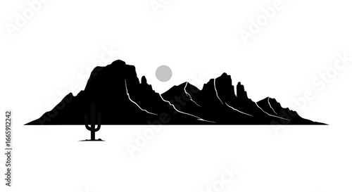 Desert Landscape with Cactus and Mountains in Silhouette Style silhouette