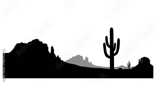 Arizona Desert Landscape with Cactus and Mountains Silhouette