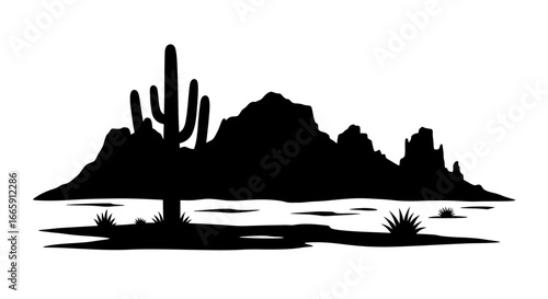 Desert Landscape with Cactus and Mountains in Black and White Silhouette
