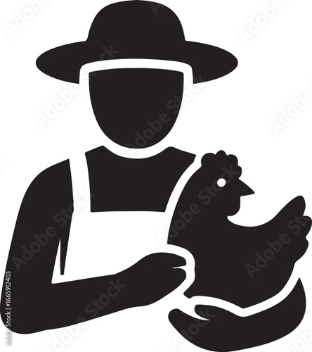 Farmer holding chicken silhouette, vector design ideal for poultry, farm, agriculture, and rural life themes.