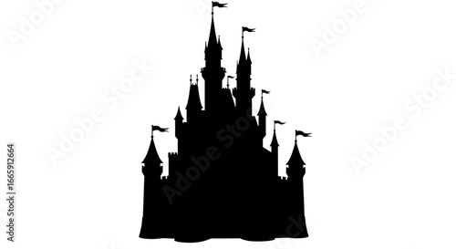 Magical Castle with Flags Black Silhouette on White Background silhouette