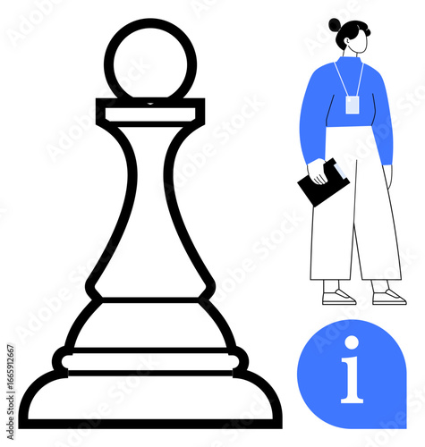 Large chess pawn with standing woman holding notepad, information icon. Ideal for strategy, communication, guidance, leadership, decision-making, education goal-setting. Simple flat metaphor