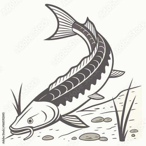 Sturgeon Fish Resting on Riverbed with Rocks and Plants