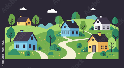 Cartoon Houses in a Green Landscape with Winding Paths silhouette