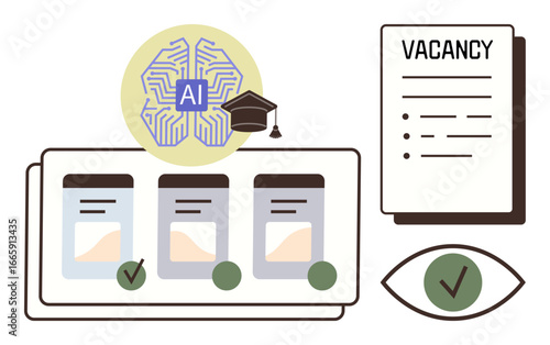 Digital interface with AI chip, academic hat, and job applications with checkmarks. Ideal for hiring, recruitment, education, technology, validation innovation simplicity. A simple flat metaphor