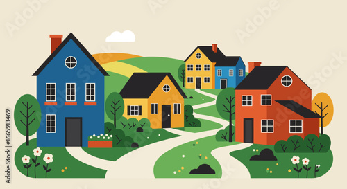 Colorful Houses on Rolling Hills Illustration with Winding Paths silhouette