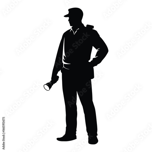 Security Guard Patrolling Silhouette, Vector, Illustration, Outline, Line Art, Icon, White Background.