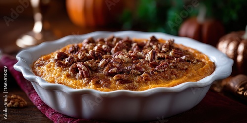 Baked sweet potato casserole in a white scalloped dish topped with glazed pecans and a crunchy brown-sugar crust, set on a rustic wooden table for a holiday meal.