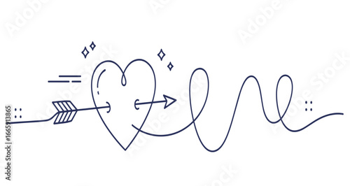 Charming line art illustration of a heart pierced by an arrow, forming the word 'love'.
