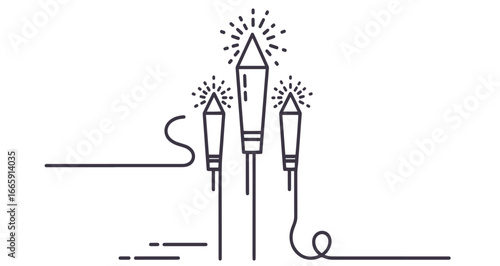 Three rockets ascending with bright sparks, symbolizing launch and celebration.