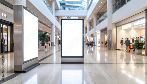 Showcase your brand with these blank billboards ready for advertising in an elegant, modern shopping mall