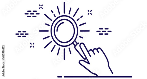 Hand holding magnifying glass to reveal glowing sun and data