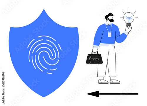 Blue shield with fingerprint icon alongside businessperson holding a lit lightbulb and briefcase. Ideal for innovation, security, identity, business, technology, creativity, protection. Simple flat