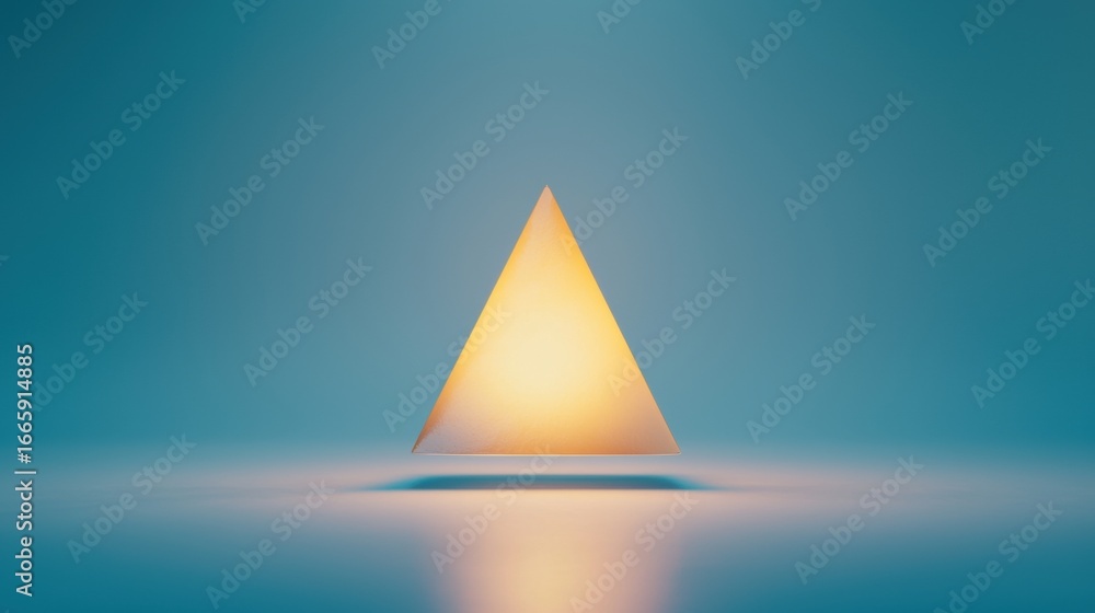 Fototapeta premium A 3D rendering of a triangular prism illuminated from below, casting a warm glow against a cool blue backdrop.