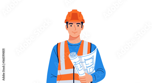 A male construction engineer holding blueprints, wearing a safety helmet and vest.