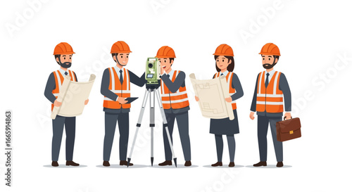 Diverse Team of Engineers and Architects Reviewing Blueprints at Construction Site
