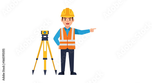 Cartoon illustration of a male surveyor or engineer in a hard hat and safety vest pointing, with a surveying instrument on a tripod.