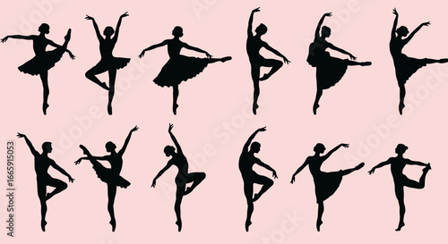 Elegant Ballet Dancers in Various Poses on Pink Background in Silhouette Style silhouette