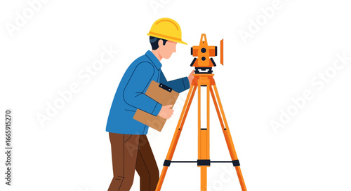 Construction surveyor using surveying equipment with clipboard on site.