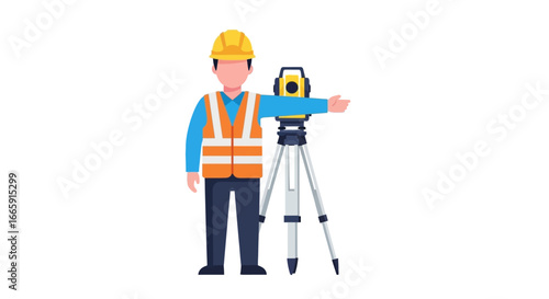 A surveyor with a theodolite, standing and pointing.
