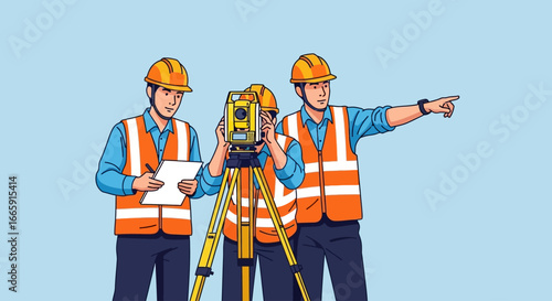 Three construction surveyors in safety vests using surveying equipment on a project site.