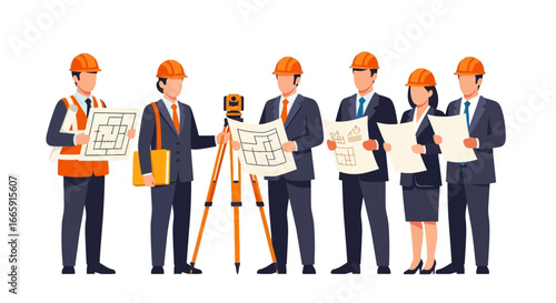 Group of diverse professionals in business attire, discussing architectural plans and construction projects.