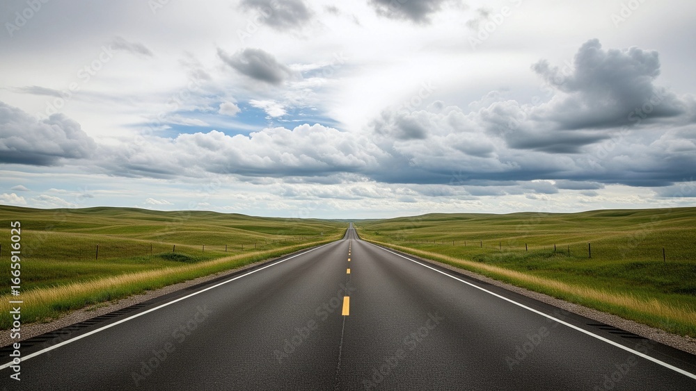 Fototapeta premium A long empty road stretching through green prairie under cloudy skies, representing solitude, simplicity, and calm travel vibes.