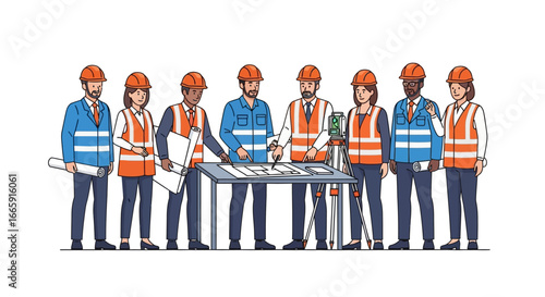 A diverse group of professional architects, engineers, and construction workers collaborating on a project plan, reviewing blueprints and surveying equipment in a busy team meeting