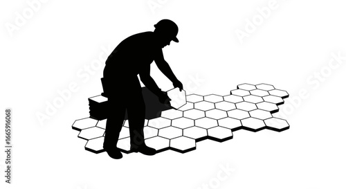 Construction Worker Laying Hexagonal Tiles Silhouette silhouette construction worker laying hexagonal tiles The silhouette style adds distinctive and modern touch