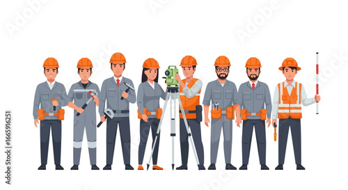 Diverse Team of Construction Engineers and Surveyors at Work