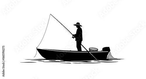 Fisherman in Boat Silhouette Fishing on Water Silhouette