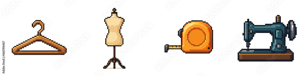 Fototapeta premium Fashion apparel pixel art black friday festival hanger mannequin tape measure sewing machine