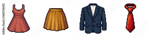 Fashion apparel pixel art features black Friday festival style dress skirt jacket and tie in pixel design for creative digital use