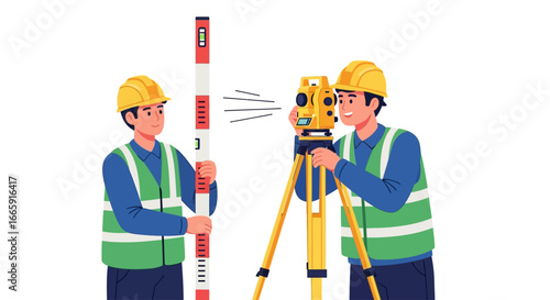 Surveyors using equipment for measuring and mapping land for construction projects