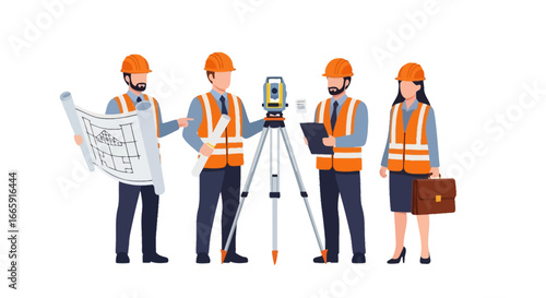 Surveyors analyzing blueprints and using surveying equipment on a construction site