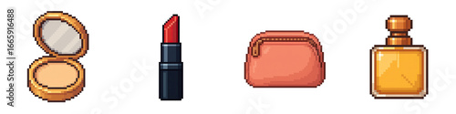 Fashion pixel art showcases black friday festival style with apparel and beauty items including lipstick, powder, purse, and perfume pixel design