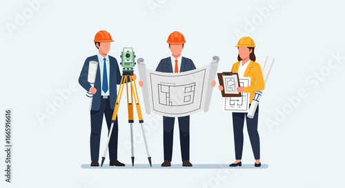 Architectural Team Inspecting Blueprint at Construction Site with Surveying Equipment