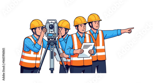 Surveying Team at Work A Group of Construction Workers with Total Station