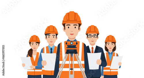 Dedicated team of civil engineers and surveyors in safety gear, utilizing professional equipment for precise land measurements and construction site planning