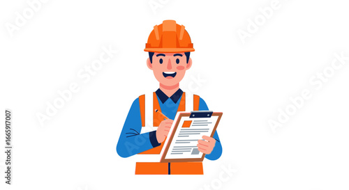 Skilled construction worker with hard hat and safety vest holding a clipboard with checklist, ready for inspection