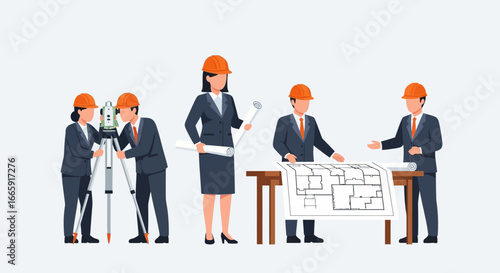 Team of architects and engineers collaborating on a blueprint project