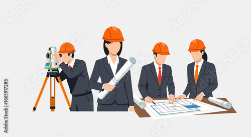 A dedicated team of civil engineers and architects collaborates on a new construction project, meticulously reviewing blueprints and utilizing surveying equipment for precise planning and development