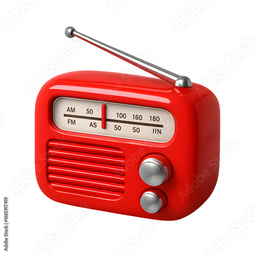 Retro red radio with antenna isolated on transparent background