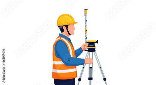 Surveyor using total station equipment for land measurement on a white background, illustrative style