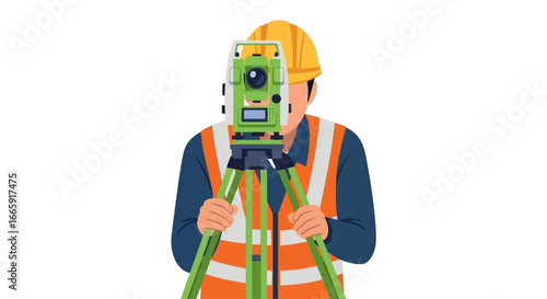 Surveyor using a total station on a tripod at a construction site, ready for precise measurements and data collection