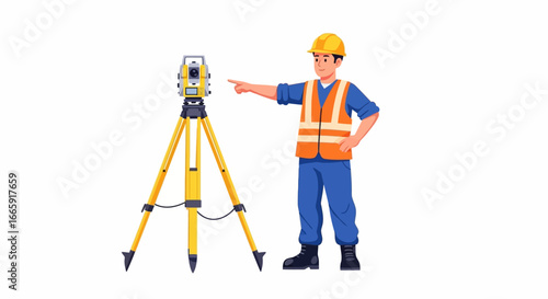 Surveyor Using Total Station Equipment on Tripod at Construction Site