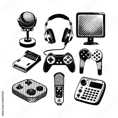 Retro Gaming Gadgets Halftone Illustration Set. Engraving Style Vector Graphics for Gamer Merch