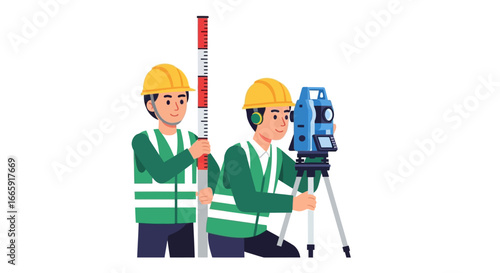 Surveyors using equipment for land measurement and construction planning